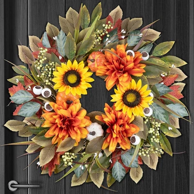 Wreath Front Door 24IN Autumn Maple Leaves Wreaths Fall Harvest Door Wreaths wit - Image 1 of 4