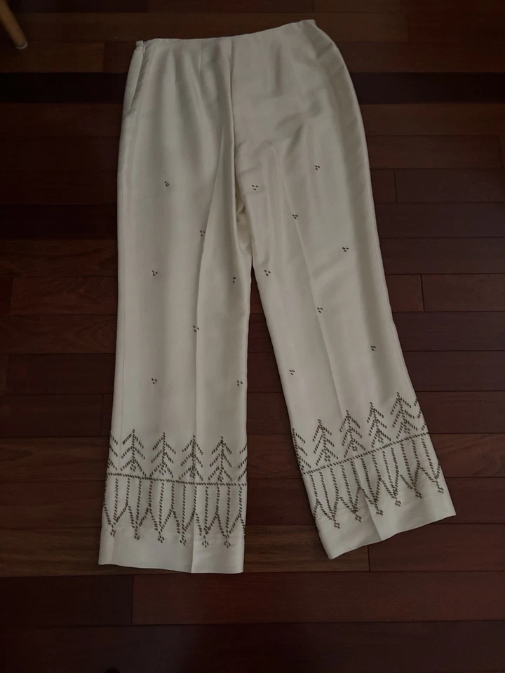 Pantalones Ann Taylor NUEVO CON ETIQUETAS 100 % seda talla 14 tiro alto cremallera lateral diseño de cuentas corneta Foto 1 de 4