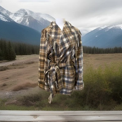 Chaqueta Escada Sport Gingham Beige Marrón Cuadros Flecos 100% Lana Corbata Frontal 40 Foto 1 de 4