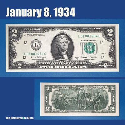 January 8, 1934 Birthday Anniversary $2 Two Dollar Bill Serial Number 01081934 - Image 1 of 2