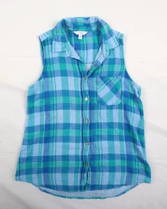 Time and Tru Damen Small (S) 4-6 blau ärmelloses kariertes Hemd mit Knopfleiste - Bild 1 von 10
