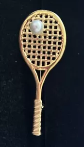 Vintage Brooch 2.75” Tennis Raquet Goldtone w Faux Pearl Ball PIN Barrel Closure - Picture 1 of 5