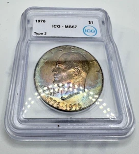 1976 Eisenhower Dollar Type 2 🔥ICG White Label MS 67 Rainbow Toning (Top Pop)🔥 - Picture 1 of 3