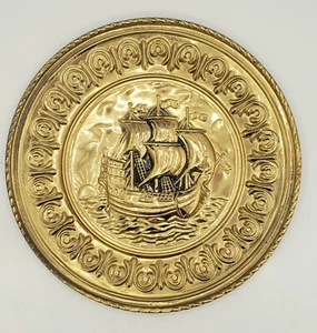 Vintage Peerage Reg Solid Brass Plate Wall Hanging Sailing Ship England 12” - Foto 1 di 7