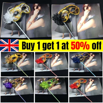 Venetian Masquerade Eye Mask On Stick Mardi Halloween Ball Party Prom Costume - Image 1 of 4