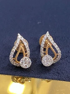 Pave 0.74 Cts Round Brilliant Cut Diamonds Stud Earrings In 750 Stamped 18K Gold - Picture 1 of 11