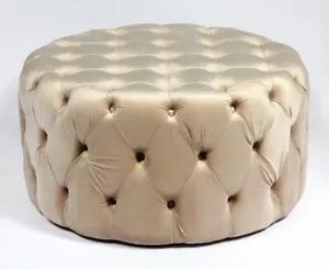 Handmade big round Button tufted ottoman table beige velvet 90cm - Picture 1 of 14