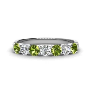 Peridot With Diamond Round 4mm Eternity Wedding Band Ring With Rhodium Plated - Picture 1 of 7