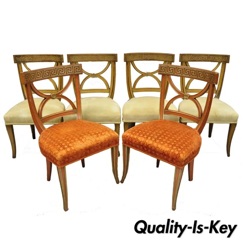 6 Hollywood Regency Italian Neoclassical Greek Key Painted Dining Room Chairs Cover