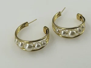 Vintage Style Faux Pearl Gold Tone Hoop Cuff Caged Pearls Earrings Pierced - Picture 1 of 8