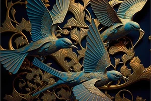 Canvas Art Birds Blue Gold Abstract Wall Picture Poster Print - Picture 1 of 22