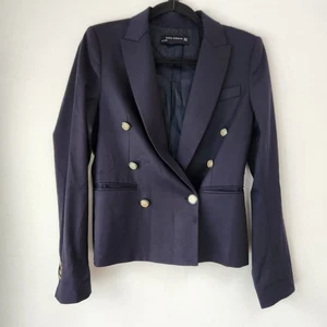 Zara Navy Blue Wool Captain's Blazer Jacket Double Breasted Career Women's XS - Picture 1 of 9