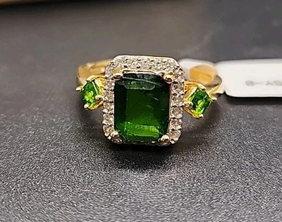 Green Emerald Cut Halo Ring w/ Spinel Accents 18K Yellow Gold Plated .925 Size 8 - Image 1 of 4