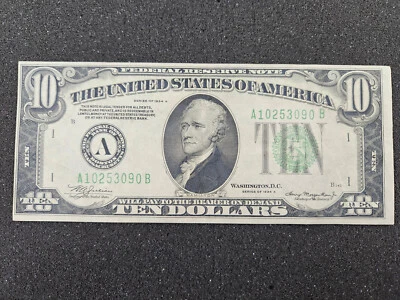 🌟 FR#2006 $10 1934-A Federal Reserve Note BOSTON DGS Dark Green Seal AU-UNC - Image 1 of 4