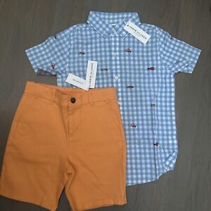 NWT Janie and Jack boy 2-piece fish blue plaid orange shorts SPRING SUMMER set 7