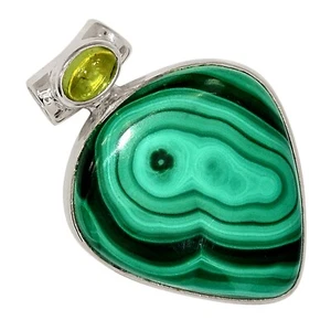 Natural Bulls Eye Malachite - Congo & Peridot 925 Silver Pendant ALLP-28366 - Picture 1 of 1