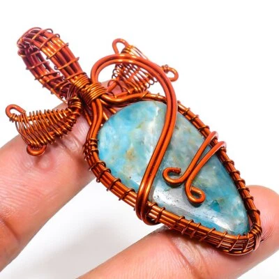 Hermosa joyería colgante de alambre artesanal de piedras preciosas de apatita de cobre 2,6" e99 Foto 1 de 4