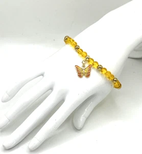 8" Orange & Yellow Enamel & Glass BUTTERFLY Stretch Bracelet w s/s Gold Beads - Picture 1 of 4