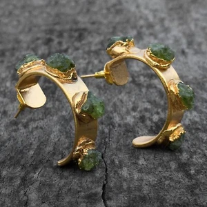 Natural Raw Peridot Gemstone Gold Plated Fashion Bohemia Statement Hoop Earrings - Picture 1 of 15