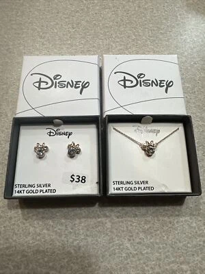 NUEVO Juego de Collar Pendientes Chapados en Oro Circonita Cúbica 14K Disney Plata Esterlina Foto 1 de 4