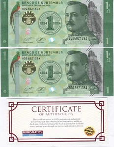 GUATEMALA 1 Quetzal Banknote x 2 Pcs UNC 2024 COA MONEY CURRENCY - Picture 1 of 2