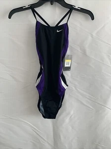 Nike Junior Girls Black and Purple One Piece Swimsuit Size 10 - Picture 1 of 5