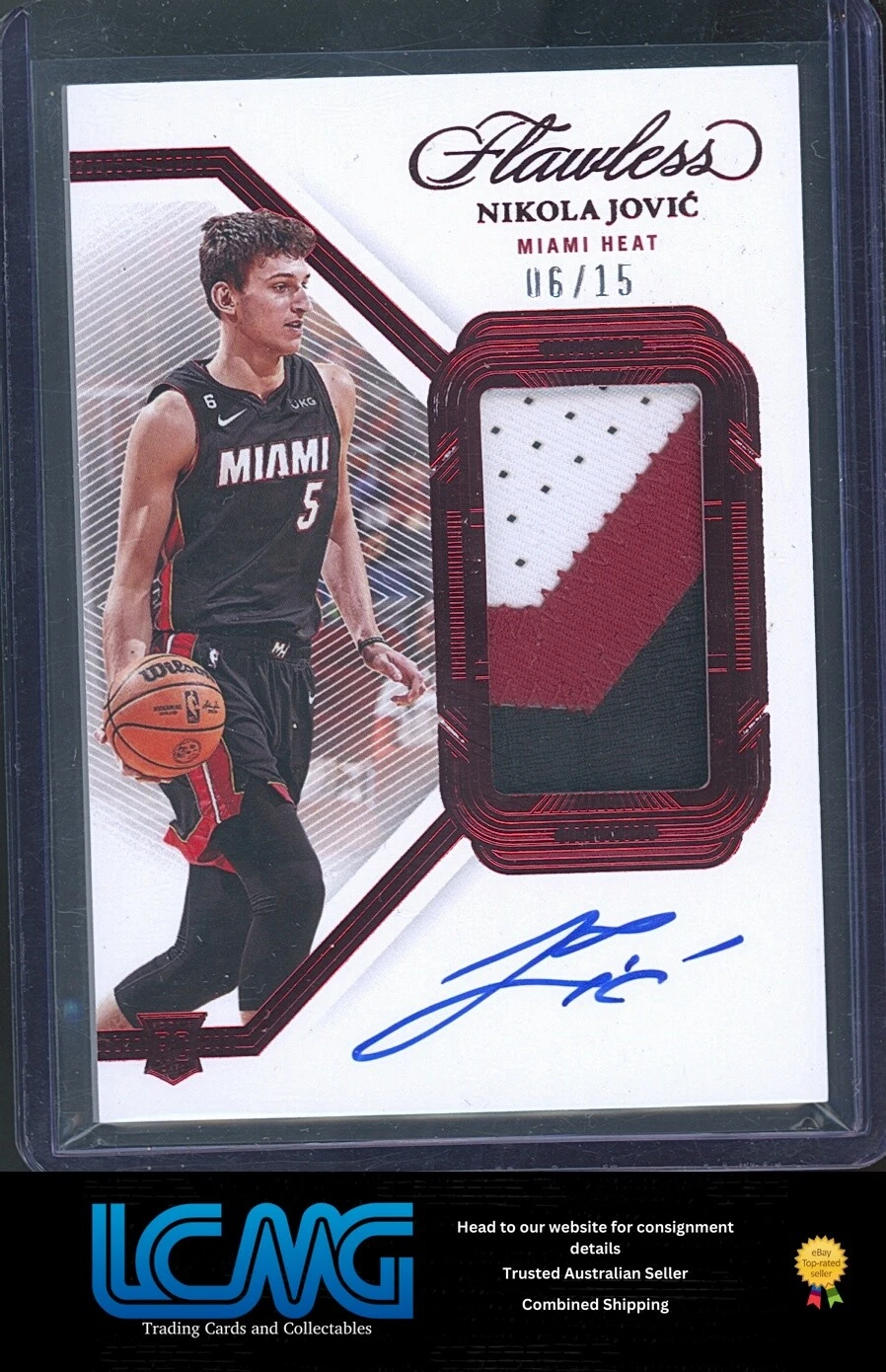2022-23 Panini Flawless #VPA-NKJ Nikola Jovic Vertical Patch Auto Ruby #/15