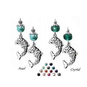 Earrings dolphin charm with pearl or crystal, choose color and fittings - Picture 1 of 19