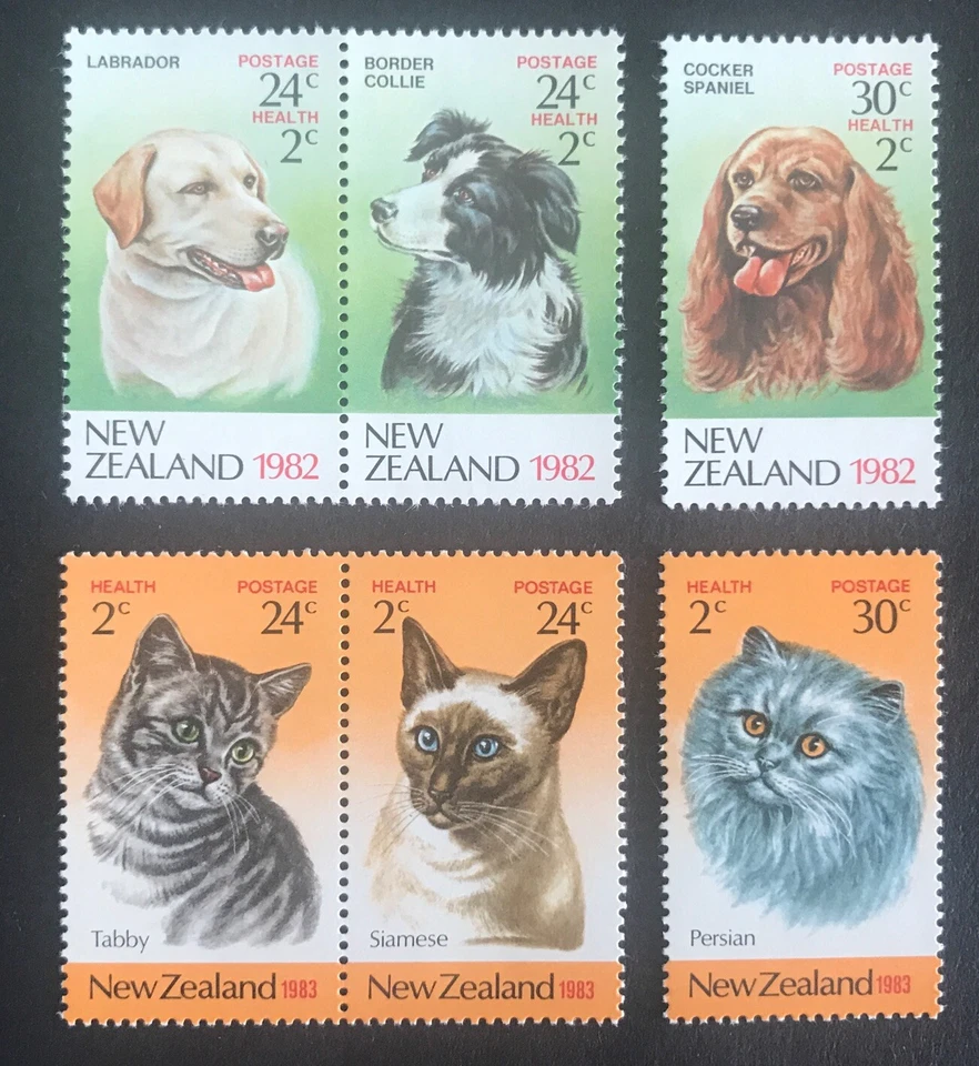 New Zealand 1982/83 Health Stamps "Dogs + Cats" complete sets of MNH Stamps - Image 1 of 1