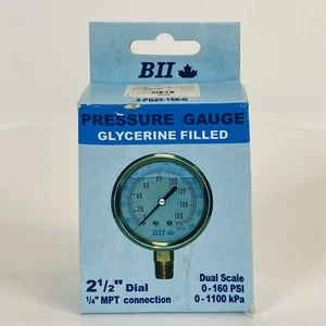 Bii Pressure Gauge 2 1/2 Inch Glycerine Filled 0-160 PSI Dual Scale 0-1100 KPA - Picture 1 of 7