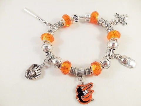 GLASS BEADS Official MLB BALTIMORE ORIOLES Baseball Charm Bracelet ORANGE CRYSTA Cover