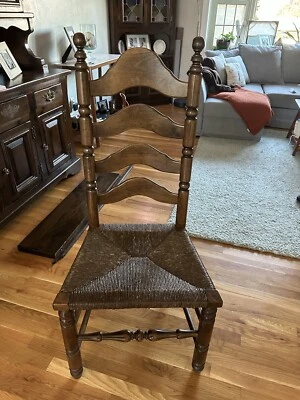 4 High Ladderback Chairs Dining Vintage Hand Turned Solid Wood Woven Seat - Image 1 of 4