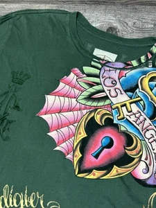 Vintage Christian Audigier Los Angeles Skull Rose Tattoo Green Shirt Size XL - Picture 1 of 13