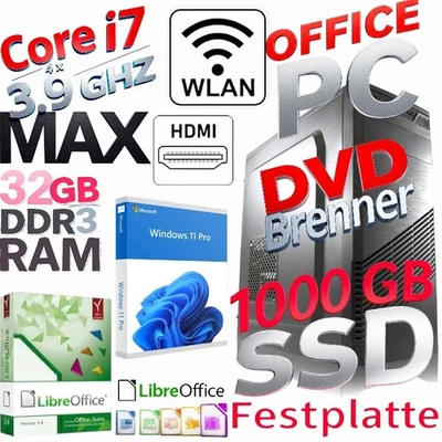 PC Windows 11 Office | Intel i7 4x 3,9 GHZ | 32 GB RAM | 1 TB SSD WLAN HDMI - Bild 1 von 4