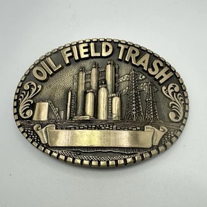 Oil Field Trash Roughneck Drilling Oil Crew 80’s NOS Vintage Brass Belt Buckle - Picture 1 of 7
