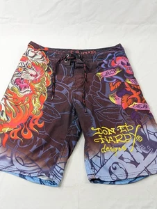 Vintage Ed Hardy Shorts Herren 34 Surf Or Die Flames Tiger Boardshorts Grafik - Bild 1 von 9