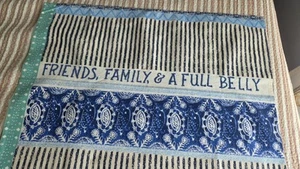 Anthropologie Dish Towel Blue Green Friends Family Full Belly Cotton Embroidered - Picture 1 of 14