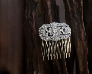Peine De Cabello Art Decó Plateado Antiguo Con Lazo De Strass Blanco 1920s QD21 - Imagen 1 de 9