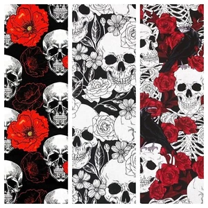 Skull Rose Black White Red Floral Sewing Quilting Cotton Fabric 1/2 Yard - Picture 1 of 8