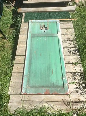 Primitive Country Farm Shutter Tree Cut Out Pattern Green One Side Red Other - Image 1 of 4