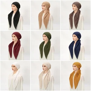 Women Solid Long Tails Elastic Turban Hat Beanie Slouchy Hair Head Wrap Cap - Picture 1 of 16
