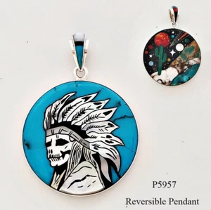 HANDCRAFTED CELESTIAL SKULL CHIEF TURQUOISE INLAY .925 SILVER MEDALLION PENDANT - Picture 1 of 4