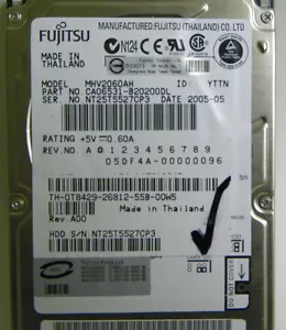 60GB Fujitsu MHV2060AH Laptop IDE Hard Drive P/N CA06531-B20200DL DP/N 0T8429 - Picture 1 of 1