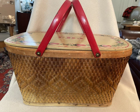 Vintage Red-man Hand Painted Picnic Basket Red Metal Handles & 2 Cloth Napkins Cover
