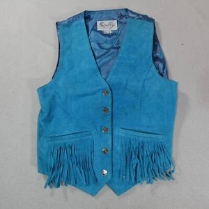 Scully Leather Vest Womens 8 Blue Finge Western Wear Cowgirl Ride Motor Biker - Picture 1 of 17