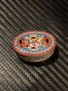 Old Micro Mosaic Millefiori Glass Oval Flower Trinket Pill/Stash Box, Italy Red