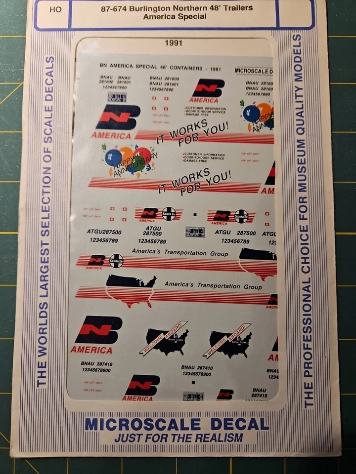 MICROSCALE DECALS, HO SCALE, 87-674 BURLINGTON NORTHERN 48' TRAILERS AMERICAL... - Image 1 of 3