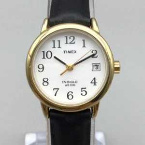 Timex Easy Reader Watch Women Indiglo 25mm Gold Tone Date Leather New Battery z2 - Picture 1 of 16