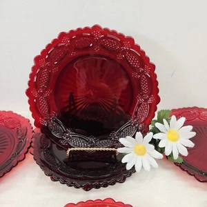 Set Of 8 VTG Avon 1876 CAPE COD Collection GOTHIC Ruby RED Glass DESSERT PLATES - Picture 1 of 14