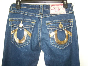 WOMENS TRUE RELIGION JOEY SUPER T GOLD SEQUINS HORSESHOE BOOT CUT JEANS 27X33 - Picture 1 of 4